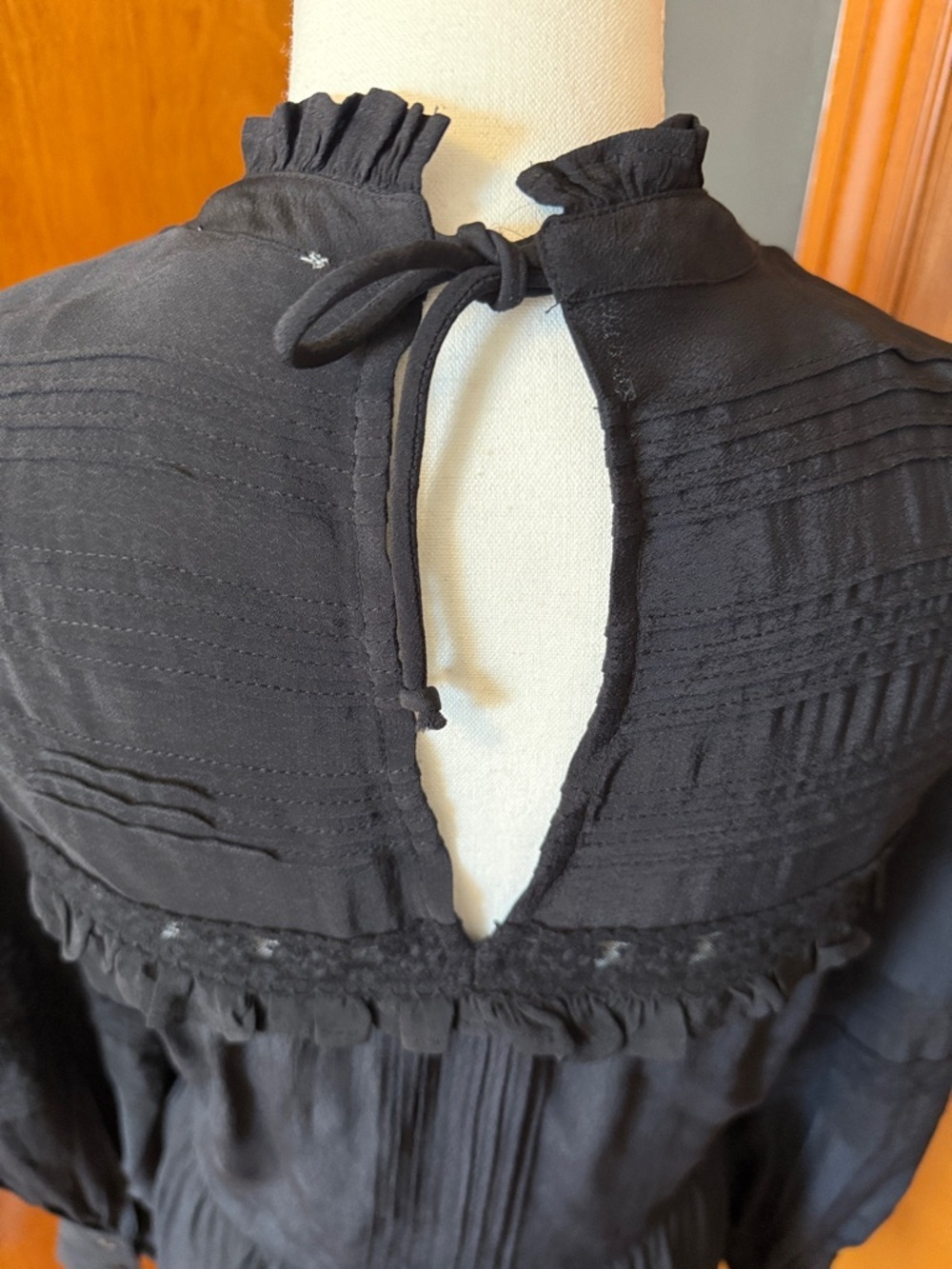 Topshop Black Long-Sleeve Lace Trim Pintuck Dress with zip up side. - Picture 6 of 12